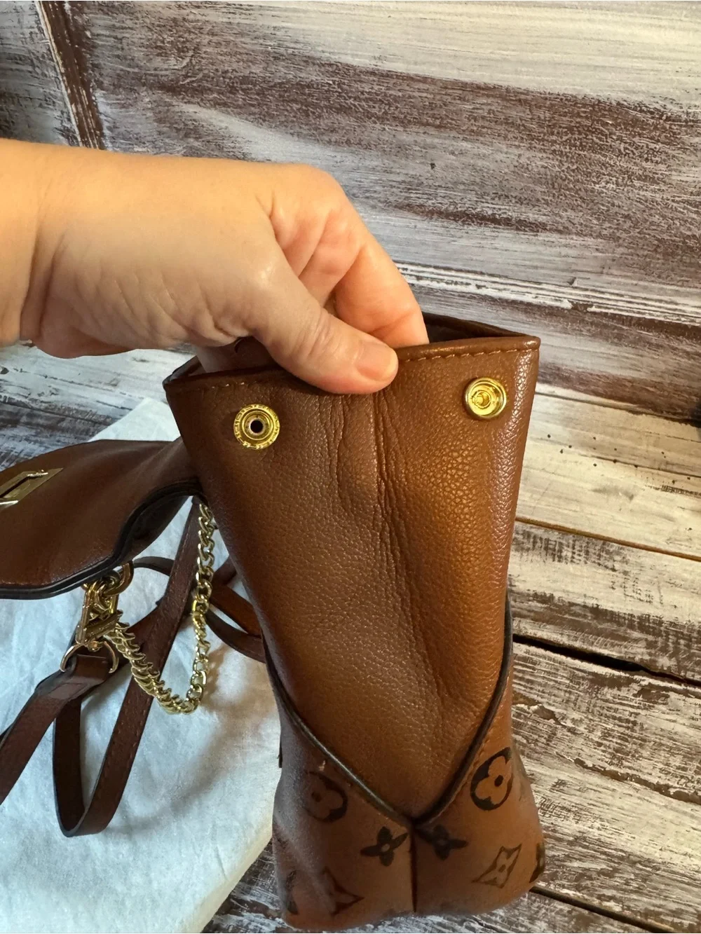 Brown Monogram Crossbody Bag with Gold Chain